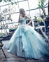 Strapless Ice Blue Quinceanera Dresses Lace Appliques Elegant 2019 Tulle Ball Gown vestidos de quinceañera